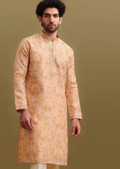 Yellow Printed Silk Zipper Kurta Set For Men