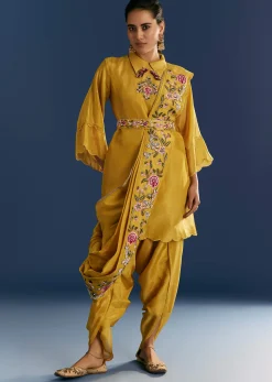 Yellow Resham Embroidered Kurta Dhoti Set With Draped Dupatta And Belt