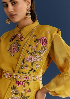 Yellow Resham Embroidered Kurta Dhoti Set With Draped Dupatta And Belt