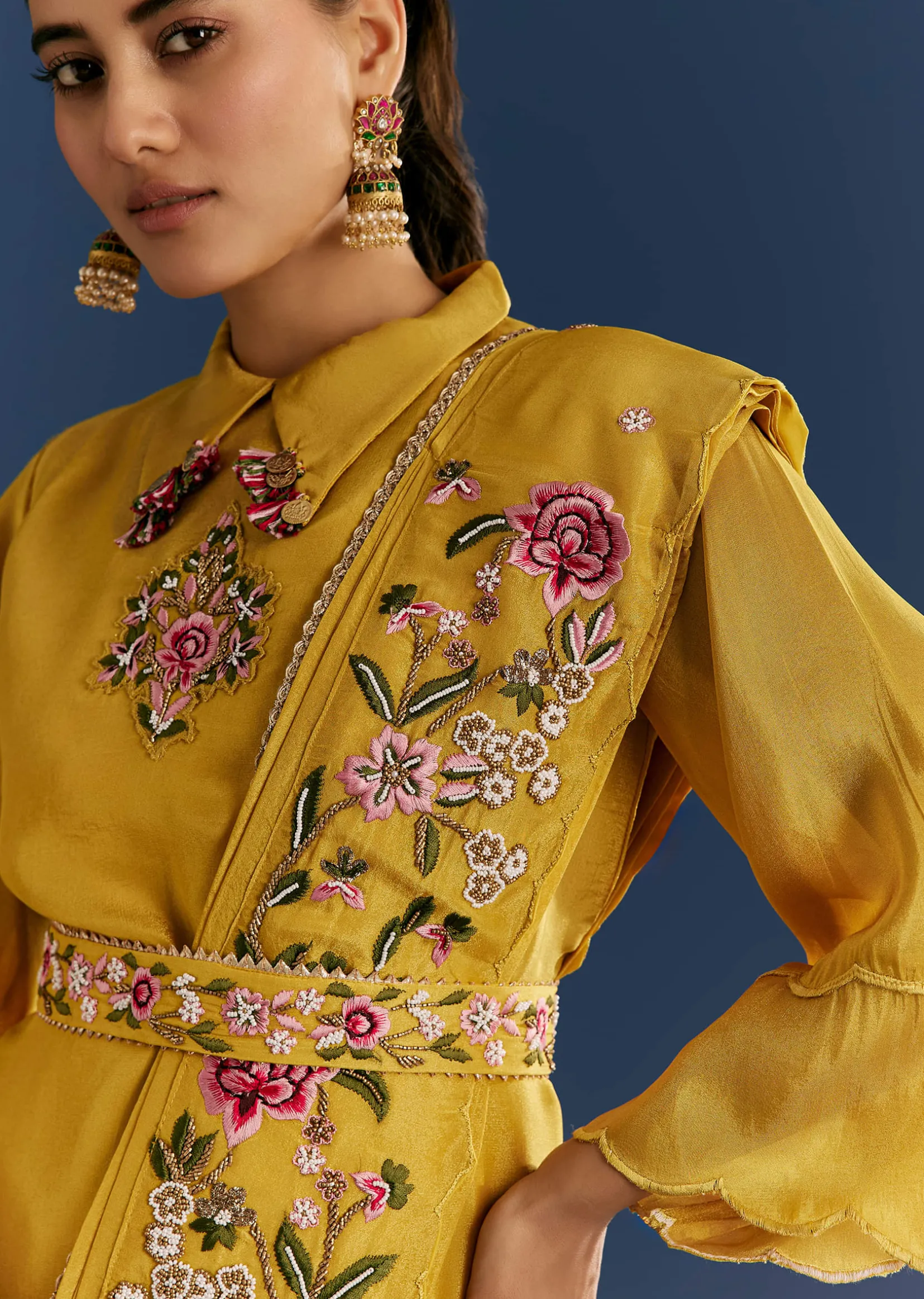 Yellow Resham Embroidered Kurta Dhoti Set With Draped Dupatta And Belt
