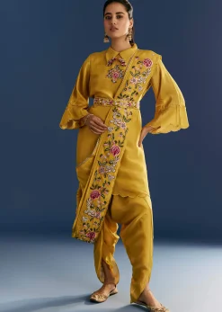 Yellow Resham Embroidered Kurta Dhoti Set With Draped Dupatta And Belt