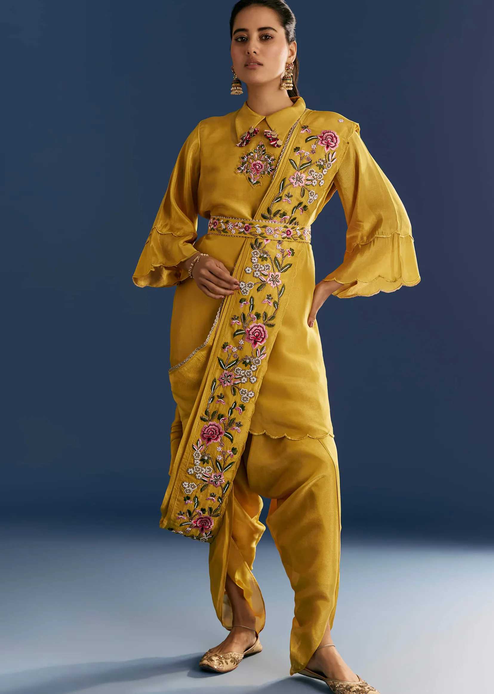 Yellow Resham Embroidered Kurta Dhoti Set With Draped Dupatta And Belt
