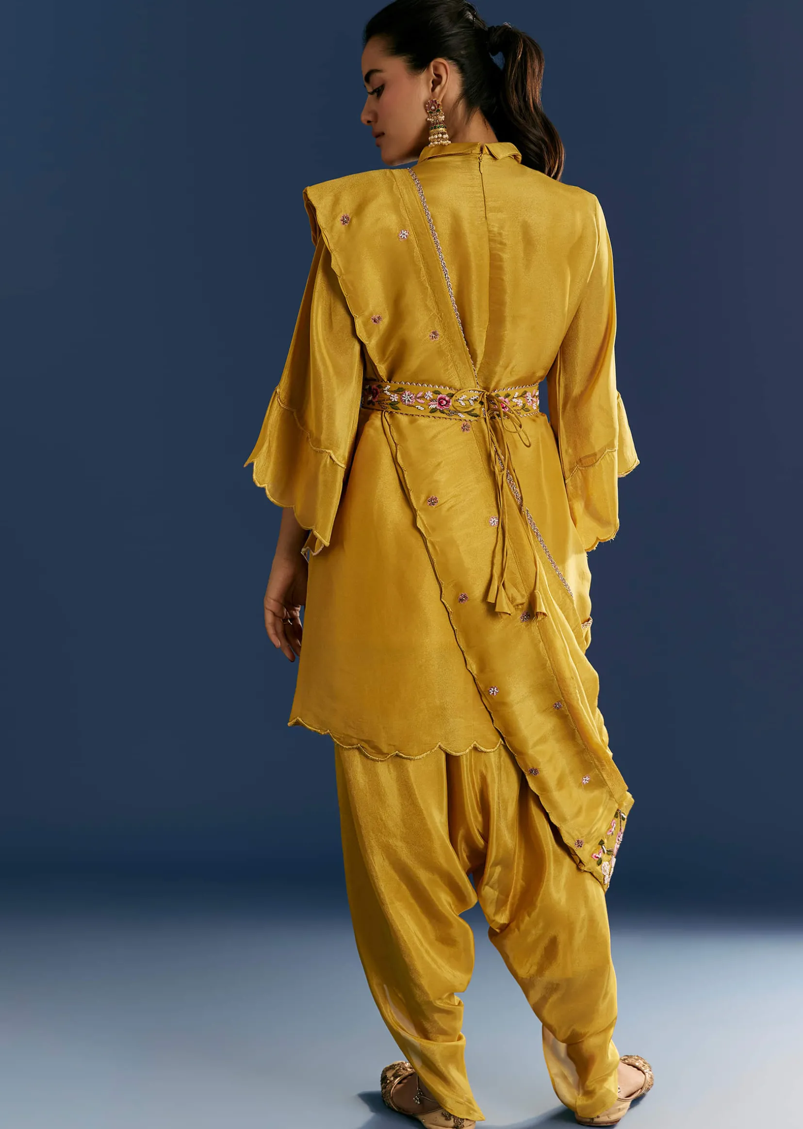 Yellow Resham Embroidered Kurta Dhoti Set With Draped Dupatta And Belt