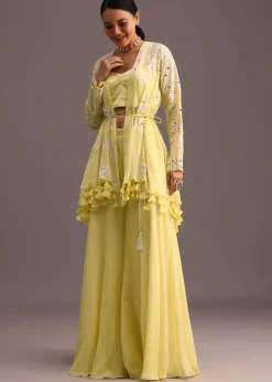 Yellow Resham Work Jacket And Croptop Palazzo Set