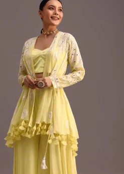 Yellow Resham Work Jacket And Croptop Palazzo Set