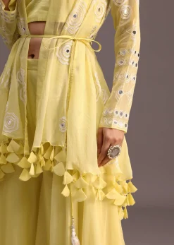 Yellow Resham Work Jacket And Croptop Palazzo Set