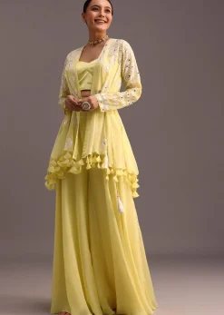 Yellow Resham Work Jacket And Croptop Palazzo Set