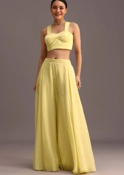 Yellow Resham Work Jacket And Croptop Palazzo Set