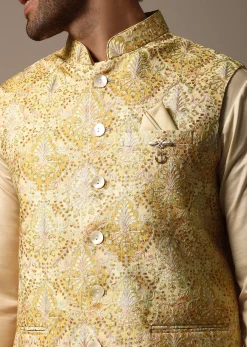 Yellow Resham Work Kurta Jacket Set For Men