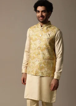 Yellow Resham Work Kurta Jacket Set For Men