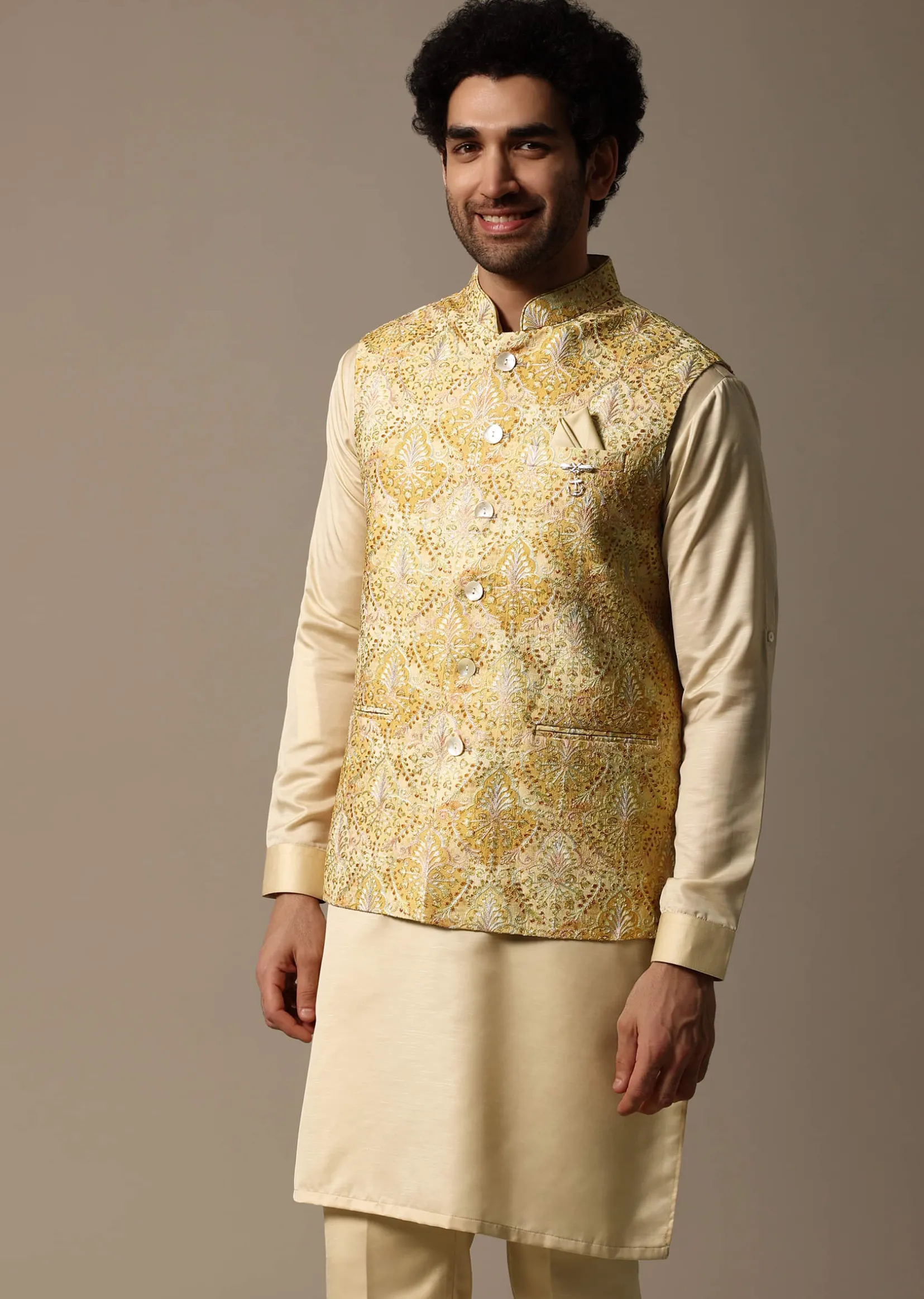Yellow Resham Work Kurta Jacket Set For Men