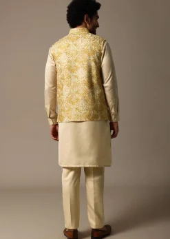 Yellow Resham Work Kurta Jacket Set For Men