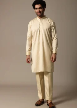 Yellow Resham Work Kurta Jacket Set For Men