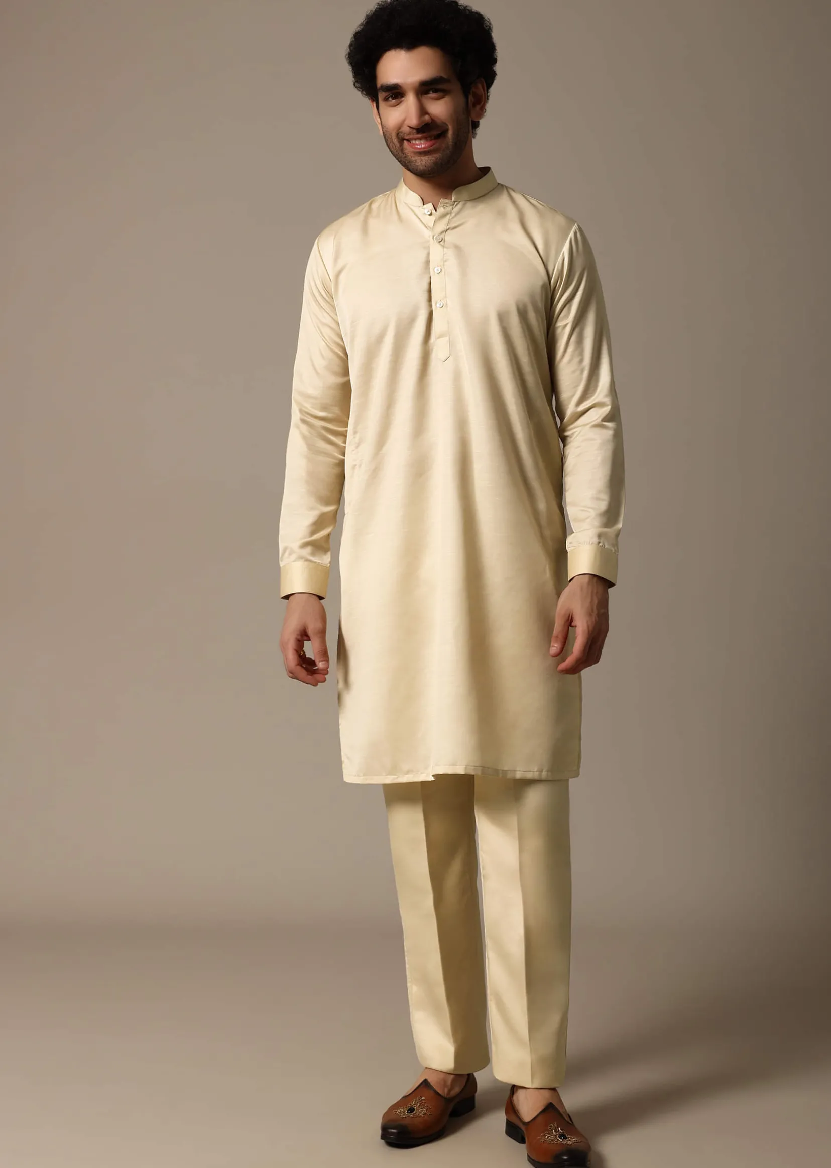 Yellow Resham Work Kurta Jacket Set For Men