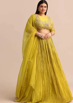 Yellow Ruched Lehenga With Embroidered Blouse And Dupatta