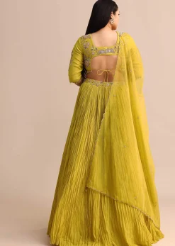 Yellow Ruched Lehenga With Embroidered Blouse And Dupatta