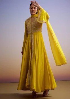 Yellow Russian Silk Palazzo Suit With Cut Dana And Sequins Work