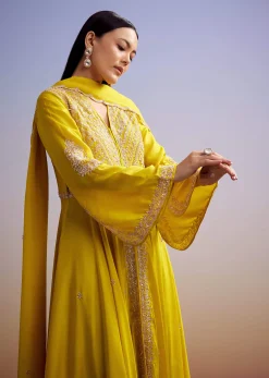 Yellow Russian Silk Palazzo Suit With Cut Dana And Sequins Work