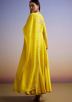 Yellow Russian Silk Palazzo Suit With Cut Dana And Sequins Work