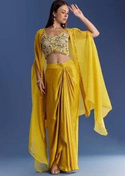 Yellow Satin Cape Set With Embroidered Croptop And Skirt