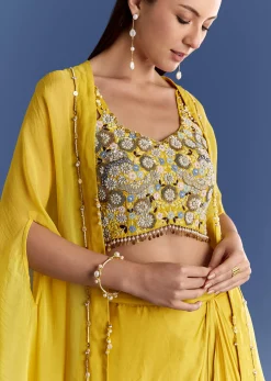 Yellow Satin Cape Set With Embroidered Croptop And Skirt