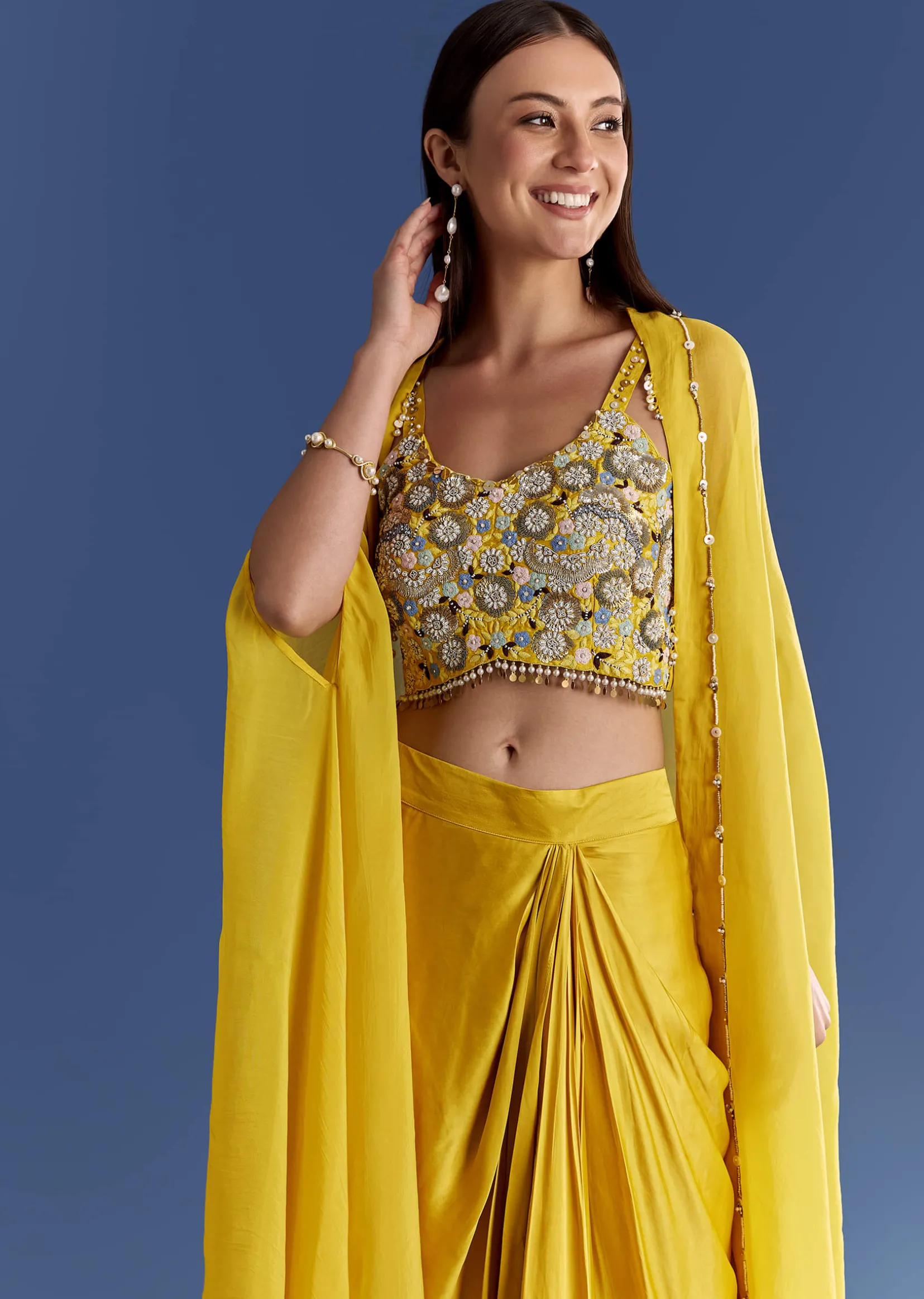 Yellow Satin Cape Set With Embroidered Croptop And Skirt