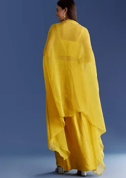 Yellow Satin Cape Set With Embroidered Croptop And Skirt