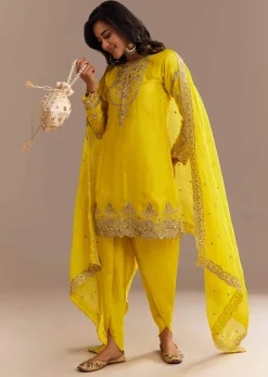 Yellow Satin Zari Embroidered Dhoti Kurta Set