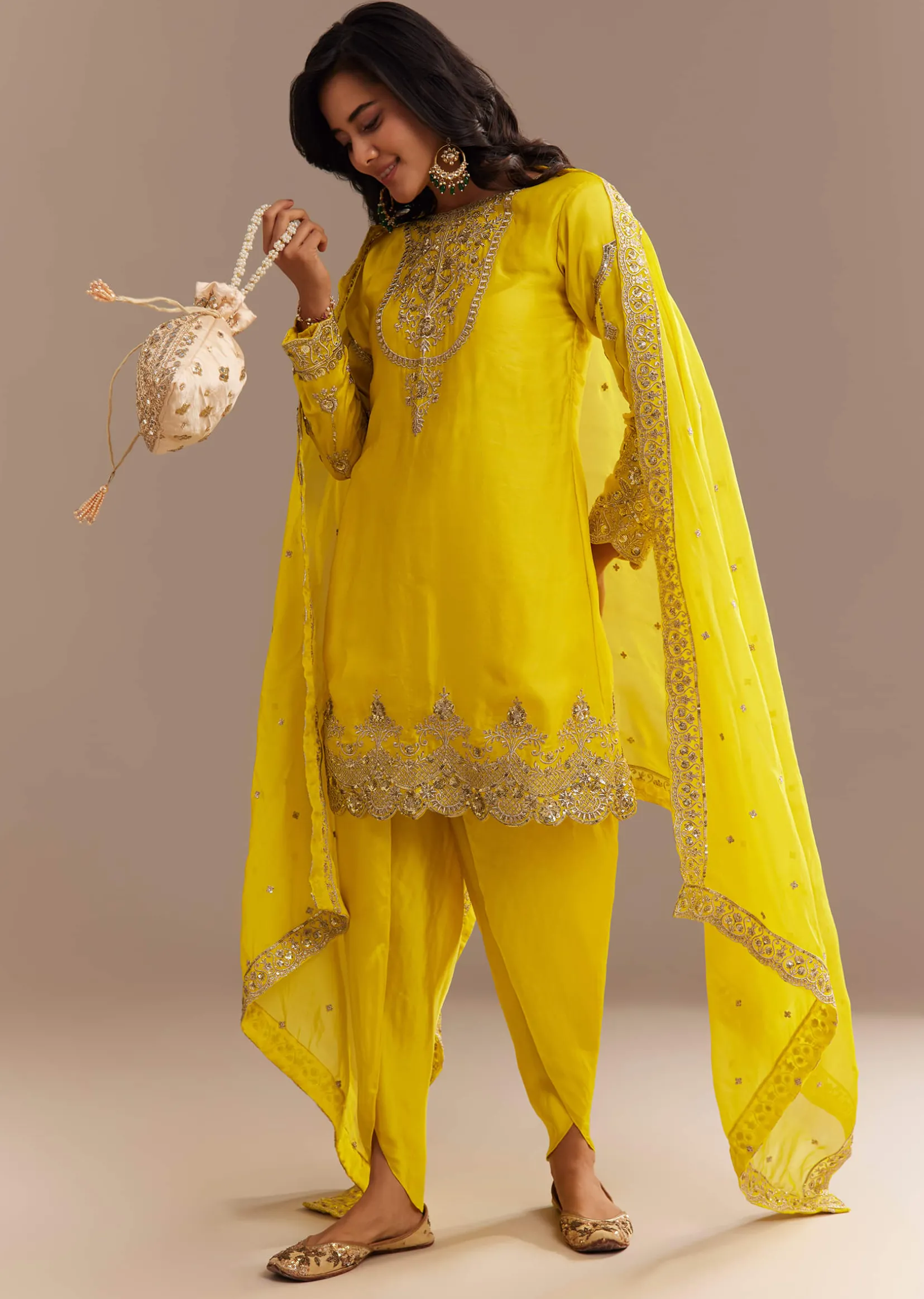 Yellow Satin Zari Embroidered Dhoti Kurta Set