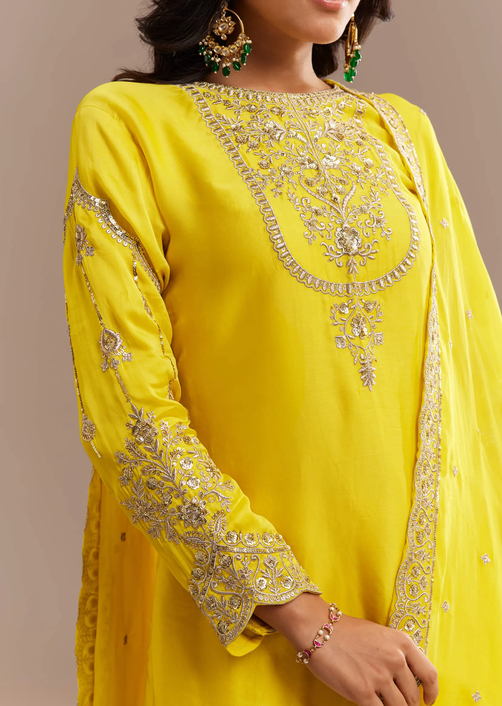 Yellow Satin Zari Embroidered Dhoti Kurta Set