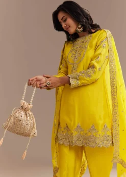 Yellow Satin Zari Embroidered Dhoti Kurta Set