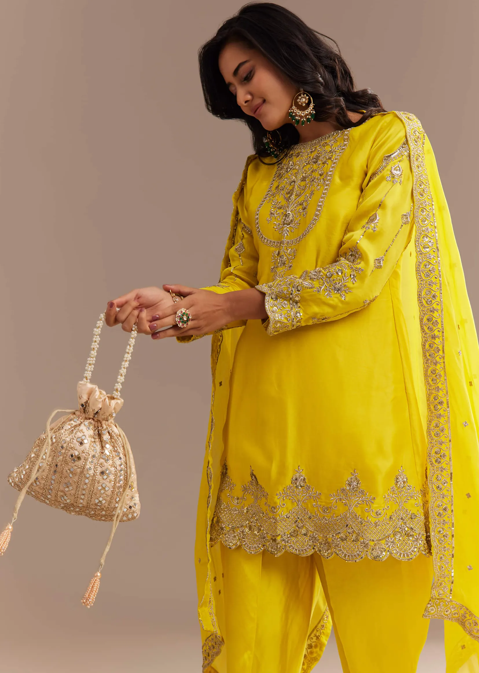 Yellow Satin Zari Embroidered Dhoti Kurta Set
