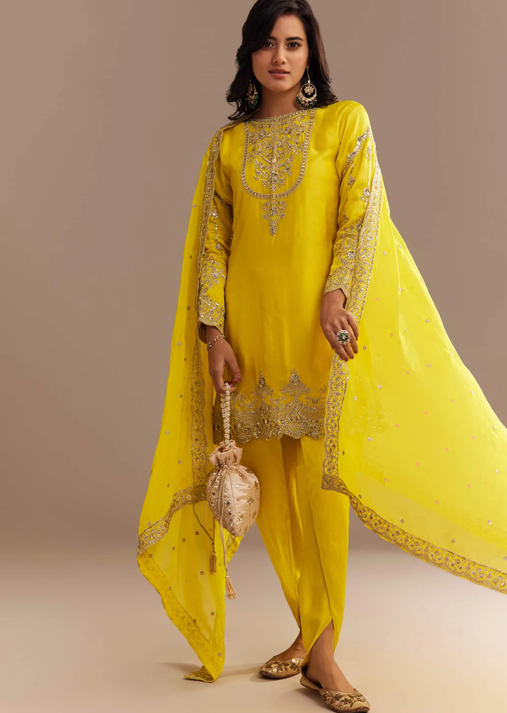 Yellow Satin Zari Embroidered Dhoti Kurta Set