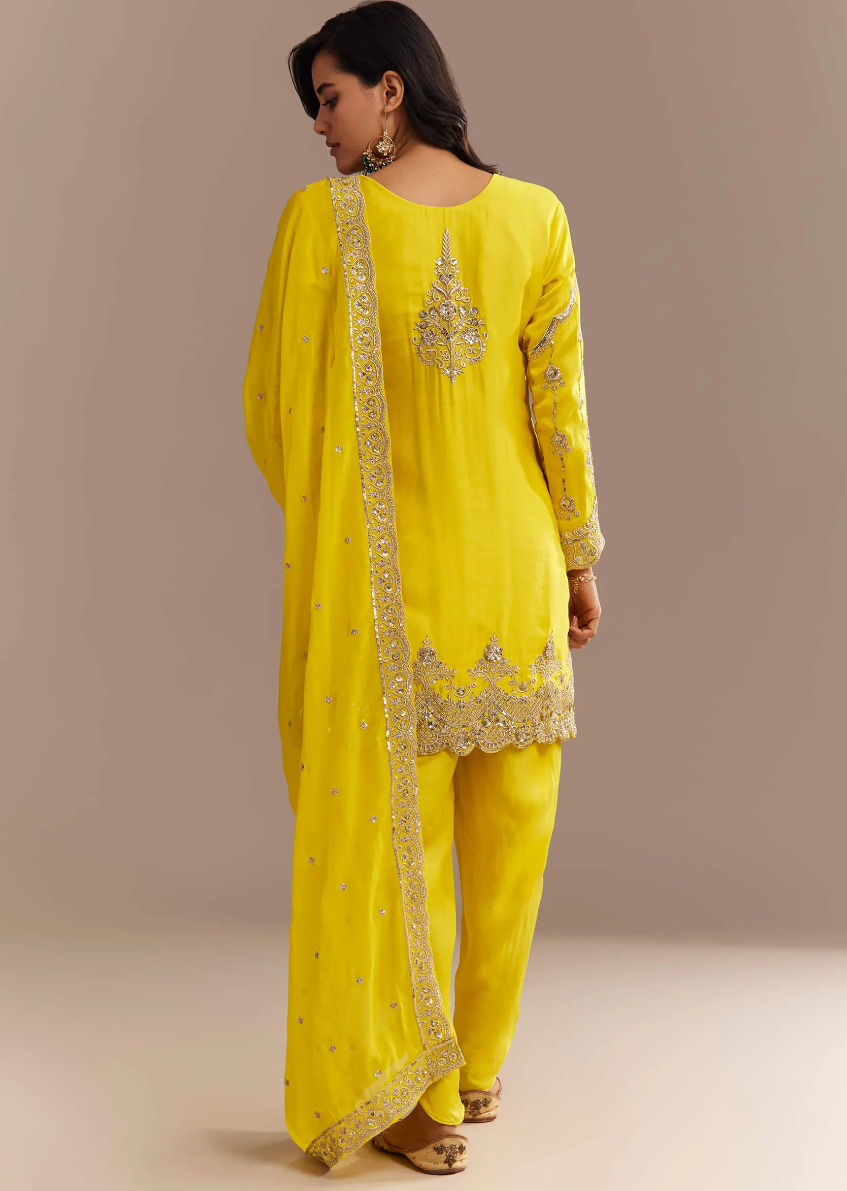 Yellow Satin Zari Embroidered Dhoti Kurta Set