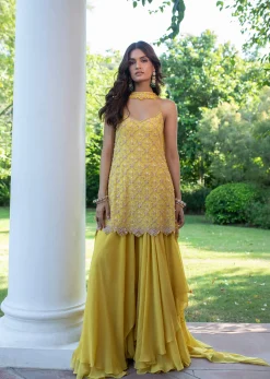Yellow Sequin Hand Work Sharara Suit With Embroidered Choker Dupatta
