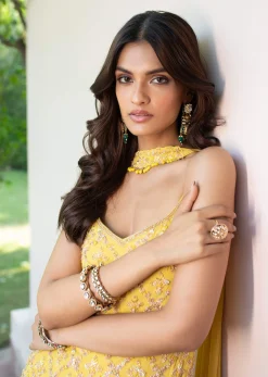 Yellow Sequin Hand Work Sharara Suit With Embroidered Choker Dupatta