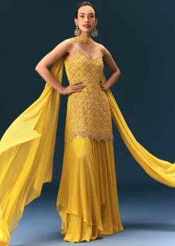 Yellow Sequin Hand Work Sharara Suit With Embroidered Choker Dupatta