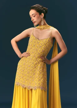 Yellow Sequin Hand Work Sharara Suit With Embroidered Choker Dupatta