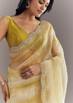 Yellow Shaded Glass Tissue Saree With Cutdana Embroidery And Scallop Border