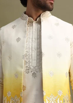 Yellow Shaded Gold Foil Apllique Work On Kurta Jacket Set