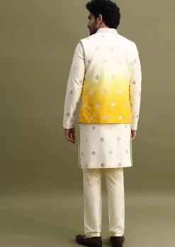 Yellow Shaded Gold Foil Apllique Work On Kurta Jacket Set