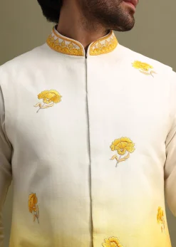 Yellow Shaded Kurta Set With Floral Motif Jacket