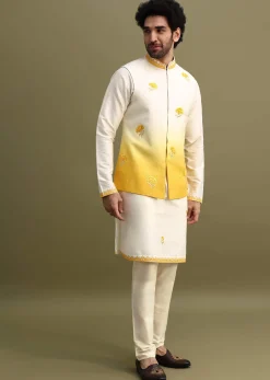 Yellow Shaded Kurta Set With Floral Motif Jacket