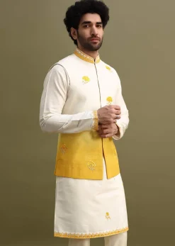 Yellow Shaded Kurta Set With Floral Motif Jacket