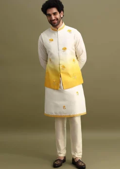 Yellow Shaded Kurta Set With Floral Motif Jacket