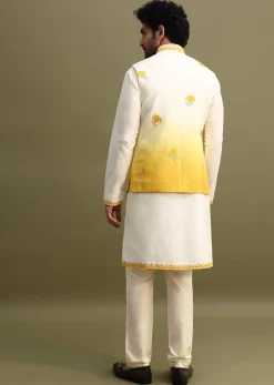Yellow Shaded Kurta Set With Floral Motif Jacket