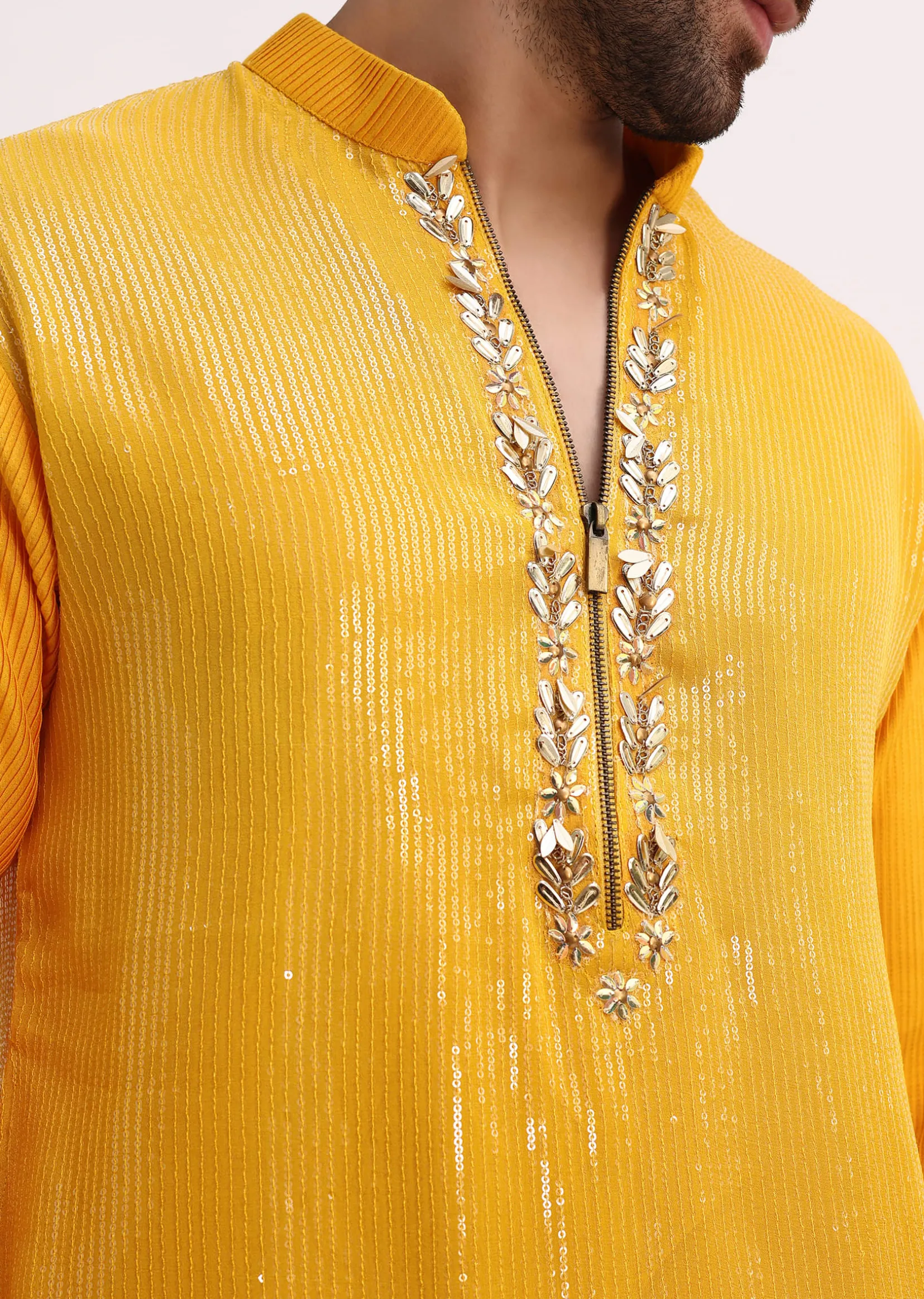 Yellow Shaded Sequin Zipper Kurta With Yellow Pants