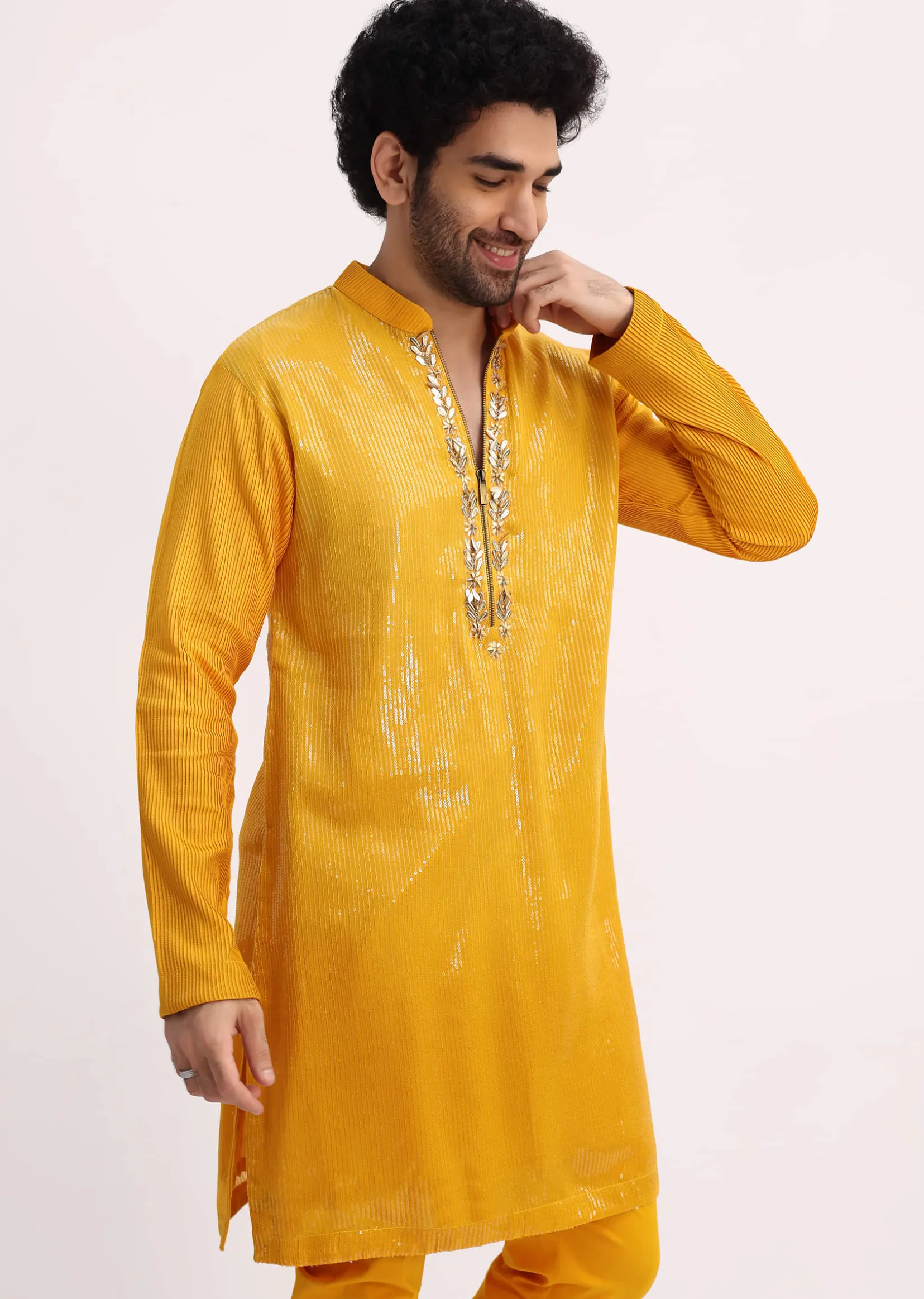 Yellow Shaded Sequin Zipper Kurta With Yellow Pants