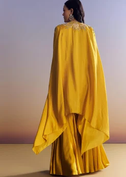 Yellow Sharara Set With Zari Cape