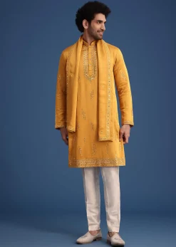 Yellow Silk Blend Kurta Pant With Dupatta